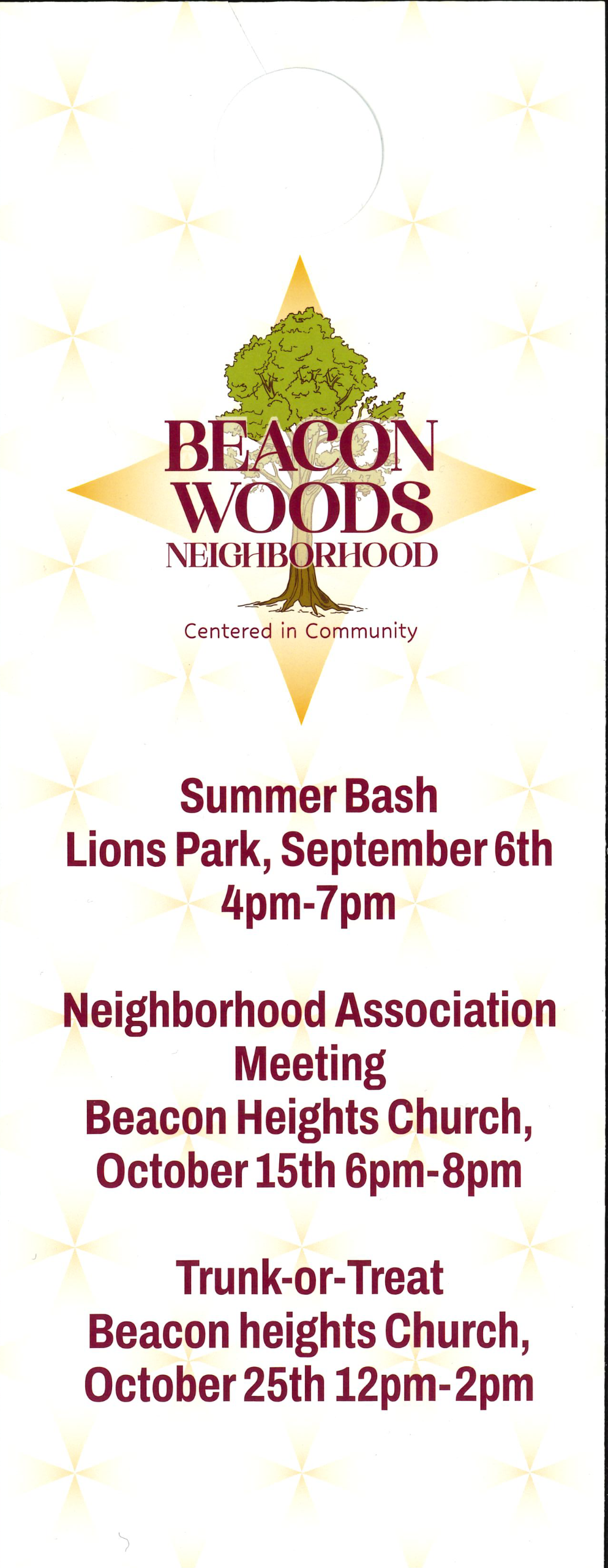 This is a door hanger that has been placed on homes with upcoming event dates for the neighborhood.