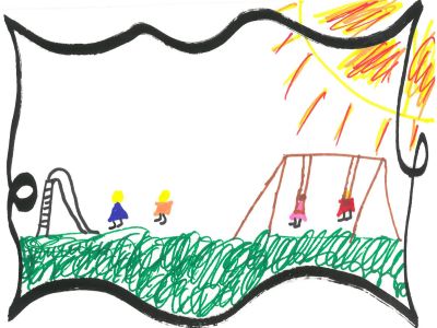 An idea from a resident showing a playground and a sun shining at Shout Out Fort Wayne event in the Harvester Neighborhood