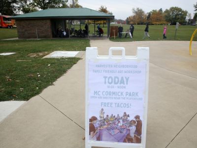 Image of event sign promotion Shout Out Fort Wayne event in the Harvester Neighborhood